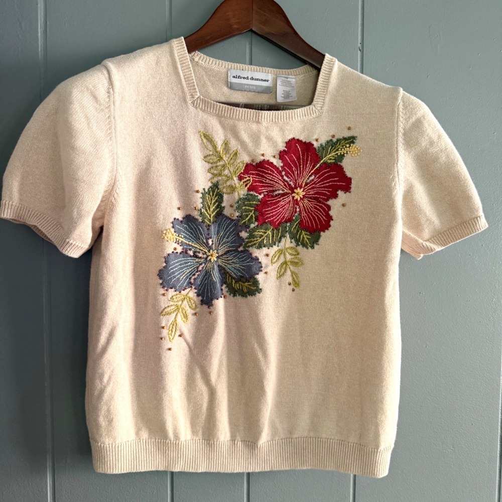 Alfred Dunner Embroidered Beaded Floral Hibiscus Sweater Vintage Cottagecore PM